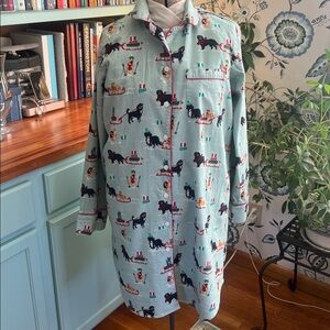 Lands’ End Aqua & Red Flannel Night Shirt Gown w/Pockets Dogs and Cats Sledding